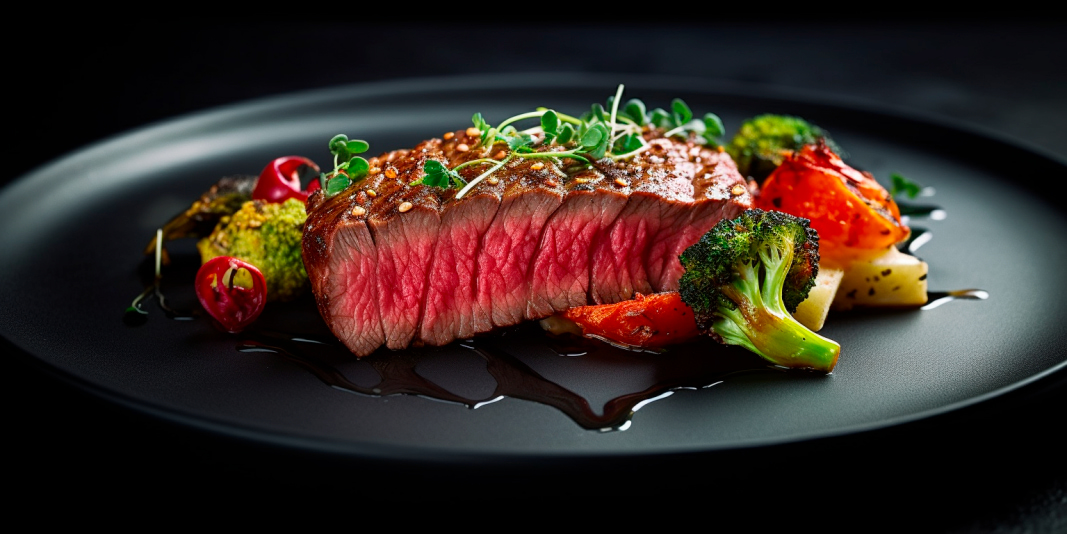 Medium-rare steak with vegetables on a black plate.