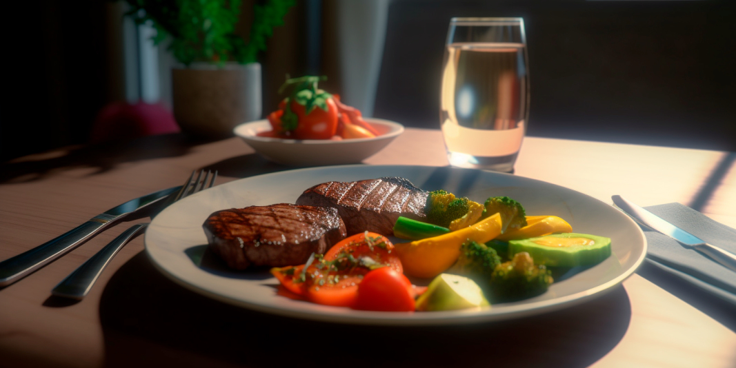 Minute steak with veggies on plate, displayed on a dining table with utensils.